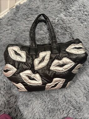 Wildfox Black Quilted Tote Bag with Silver Lip Appliqués